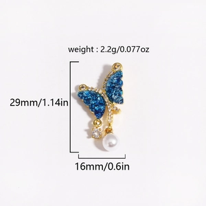 Detail view of blue butterfly pendant with size and weight measurements in inches and mm