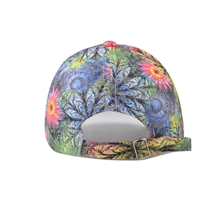 Rear detail of baseball cap featuring colorful floral print and adjustable metal buckle strap