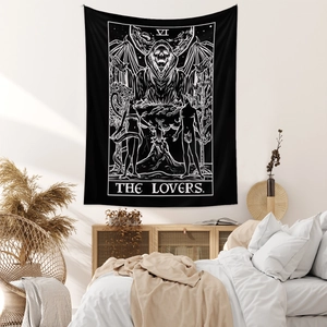 Bohemian black and white The Lovers tarot tapestry for mysterious bedroom wall decoration