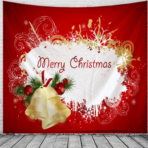 Festive red Merry Christmas wall tapestry with gold bells and holiday ornaments on white wall