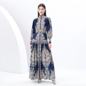 Vintage paisley print maxi dress with stand collar and lantern sleeves in navy blue