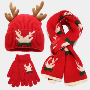 Christmas Reindeer Antlers Knitted Hat Scarf And Gloves Winter Warm Festive Novelty Accessories Women Kids