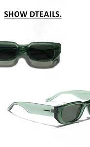 Macro detail of retro green square frame sunglasses with transparent finish and metal hinges