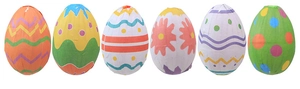 Detailed view of six decorative Easter eggs with diverse colorful patterns and hanging loops