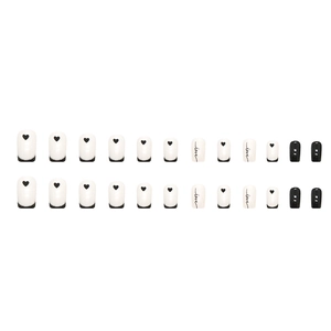 Medium square press-on nails set with black heart and love script on white base