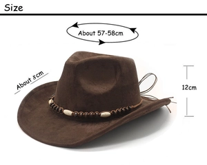 Detaillierte Maße des dunkelbraunen Wildleder-Cowboyhuts mit 57-58 cm Kopfumfang