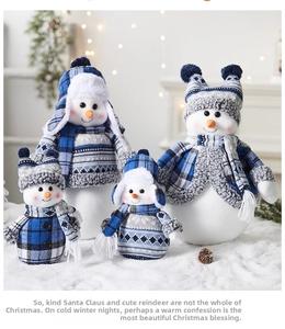 Detail of 4-piece blue and grey plush snowman set with knitted scarves for Xmas decor
