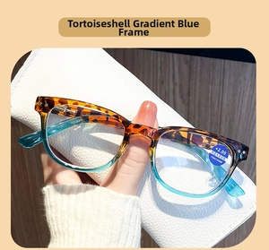 Blue gradient tortoiseshell reading glasses with anti-blue light +2.00 lenses and spring hinges