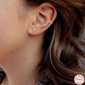 S925 sterling silver Hamsa Hand stud with black stone and gold chain ear cuff