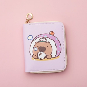 Detailed view of a purple Capybara cartoon PU leather coin purse with metal ring clip