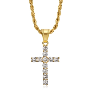 Hip hop gold plated titanium steel cross pendant necklace with 3A cubic zirconia stones