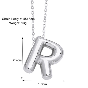 Silver balloon letter R necklace pendant with dimensions 2.2x1.8cm and 45+5cm chain