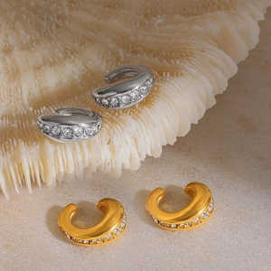 18K gold plated stainless steel C-shape ear cuffs with rows of clear rhinestones