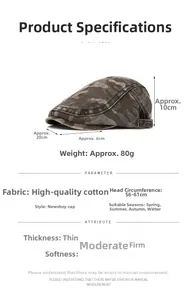 Detailed size specifications of the camouflage duckbill cap with adjustable metal buckle