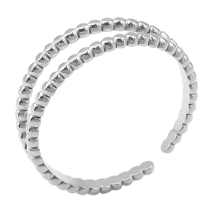 Detail of silver double-layered beaded ring with adjustable open band for women