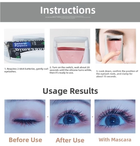 Guide for electric eyelash curler showing usage steps and before-after curling results