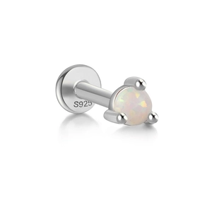 Macro shot of S925 sterling silver opal stud earring showing hallmark and claw setting