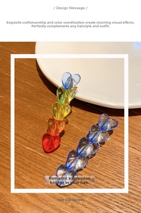 Close-up of heart-shaped colorful beaded hair clips with transparent acrylic texture