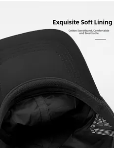 Close-up of black baseball cap interior with breathable mesh sweatband and fine stitching