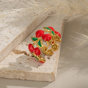Pastoral cherry enamel open ring with red fruit and green leaves on gold base