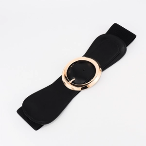 Minimalist elastic black wide belt for women featuring a large polished gold round buckle