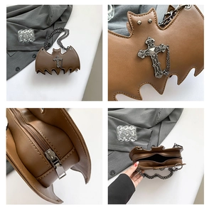 Detail view of brown bat-shaped jelly bag showing hardware, zipper, and interior