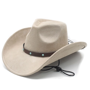 Western Cowboy Hat Suede Polyester Ethnic Style Turquoise Bead Leather Band Wide Brim Wind Rope Retro