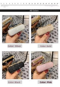 Detail view of mini rhinestone evening bags in silver, gold, black, and pink with chains