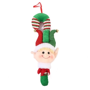 Plush Christmas elf hanging ornament with red and green hat and bell decoration