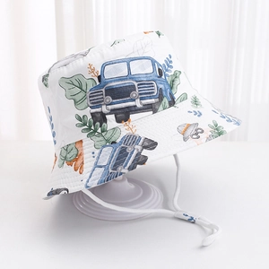 Kids cotton sun hat with cartoon vehicle print and adjustable chin strap