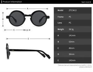 Detailed size chart for retro round sunglasses showing frame dimensions and specifications