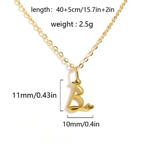 Gold stainless steel letter B heart necklace with product dimensions on white background