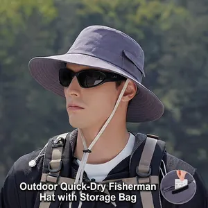 Men Outdoor Bucket Hat Quick Dry Waterproof Wide Brim Sun Protection Fishing Hiking Camping Adjustable Wind Rope
