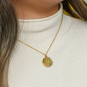 18K gold plated stainless steel ocean wave relief coin pendant necklace for women