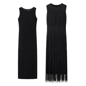 Elegant two-piece black knit sleeveless dress with refined tassel hem and textured waist