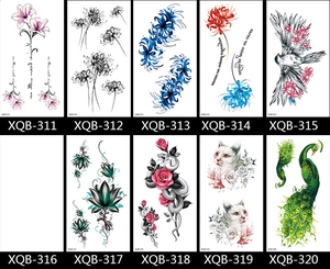 Detailed catalog showing flower, bird and snake temporary tattoo stickers XQB series