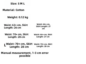 Detailed size chart showing S, M, and L dimensions for women's shirt and skirt set