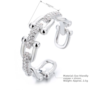 Detail shot of silver U-shaped chain ring featuring white zircon inlays and 6mm width