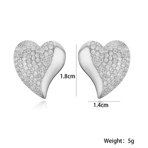 18K gold plated copper heart stud earrings with cubic zirconia stones and 1.8cm height