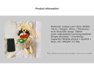Detail showing hand-knitted yellow cartoon bag dimensions and material specifications