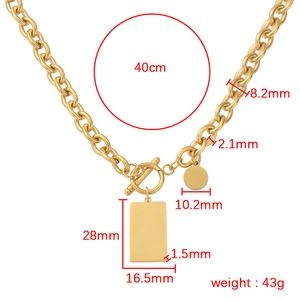 Gold OT clasp thick chain necklace with rectangular and circular pendants 40cm length