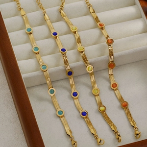 18K gold plated stainless steel flat snake chain bracelets with colorful rhinestones