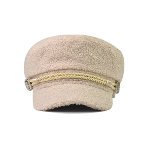 Beige fleece baker boy hat with golden rope detail and vintage metallic buttons for women