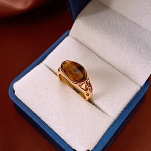 Vintage Adjustable Open Ring Gold Plated Alloy Artificial Tiger Eye Stone Zircon Artificial Pearl Elegant Retro Jewelry For Women