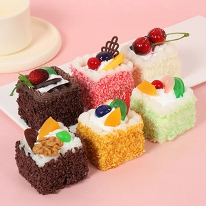 Set of six colorful PU faux mousse cake desserts with realistic fruit and cream toppings