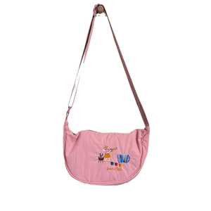 Pink nylon dumpling shoulder bag with musical cartoon embroidery and adjustable strap