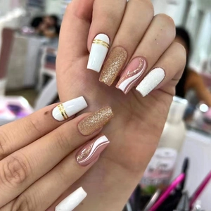 Unghie Finte Coffin Ballet Glitter Linea Dorata Motivo Marmo Rosa Bianco Unghie Artificiali Lucide In Plastica