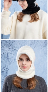 Detail of knitted winter balaclava hood with visor in cream and black colors