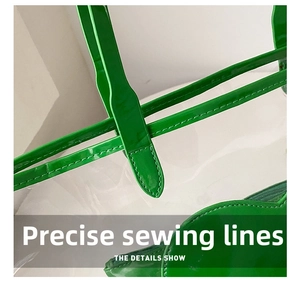 Macro detail of white contrast stitching on lime green PVC tote bag with high gloss finish