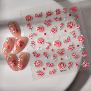 3D pink rose floral nail stickers with artistic lettering for elegant manicure decoration
